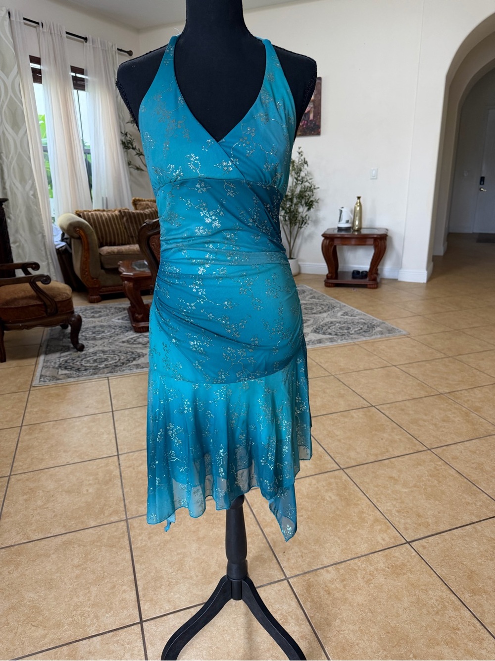 Y2k Entrancy Fairy Dress Teal Halter V-Neck Metallic Print